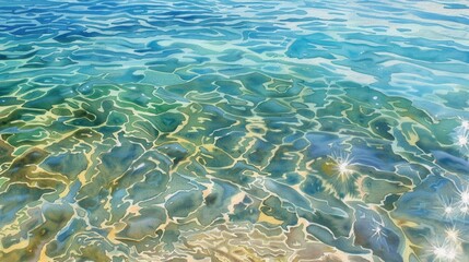 Fototapeta premium The surface of a body of water, likely an ocean or lake, shimmers with sunlight reflections. The water is a vibrant blue, with subtle shades of green and yellow visible underneath. Gentle ripples crea