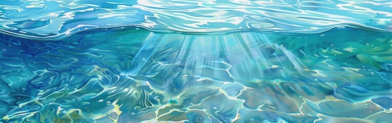 The ocean surface is calm with gentle ripples, allowing sunlight to penetrate the water and illuminate the underwater world. The clear, turquoise water reveals the sandy bottom and the play of light c