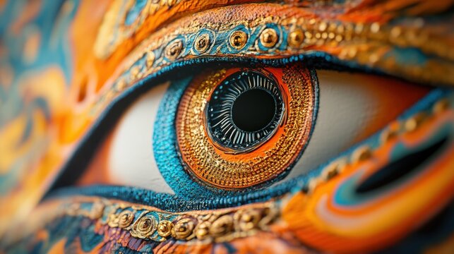 The vibrant colors and intricate designs of a traditional Buddhist thangka painting highlight the serene gaze of a divine figure's eye