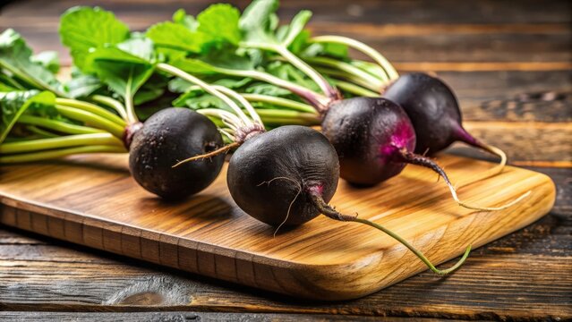 Close-up of a fresh radis noir on a wooden cutting board , radish, vegetable, black radish, healthy, organic, food, nutrition