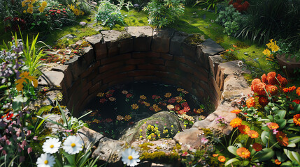 a well with a stone rim and water inside, surrounded by flowers and green plants.
