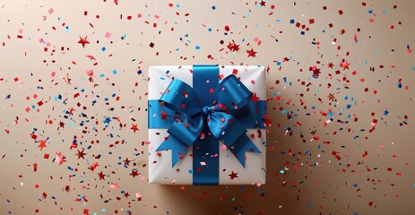 A patriotic Defender of the Fatherland Day banner template features a military gift box and confetti on a beige background, ideal for military-themed events or marketing.