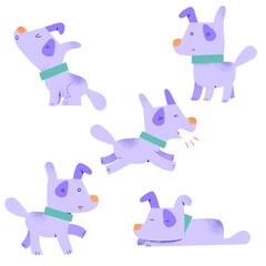 Purple Dog Cute Character Design in five different poses