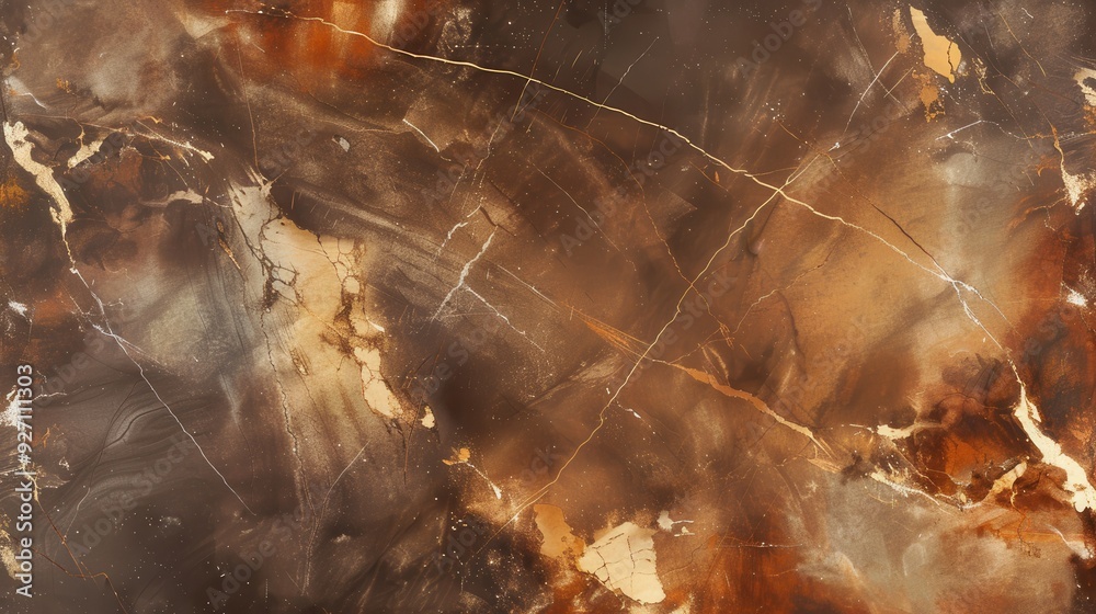 Poster A close-up photo of a smooth, polished marble surface. The marble has a brown base with white veins running through it, creating a unique and elegant pattern. The surface appears to be illuminated fro