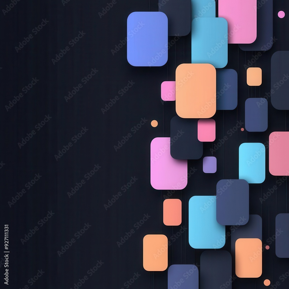 Poster abstract orientation grid with floating indicators and geometric icons, dark background with ample b