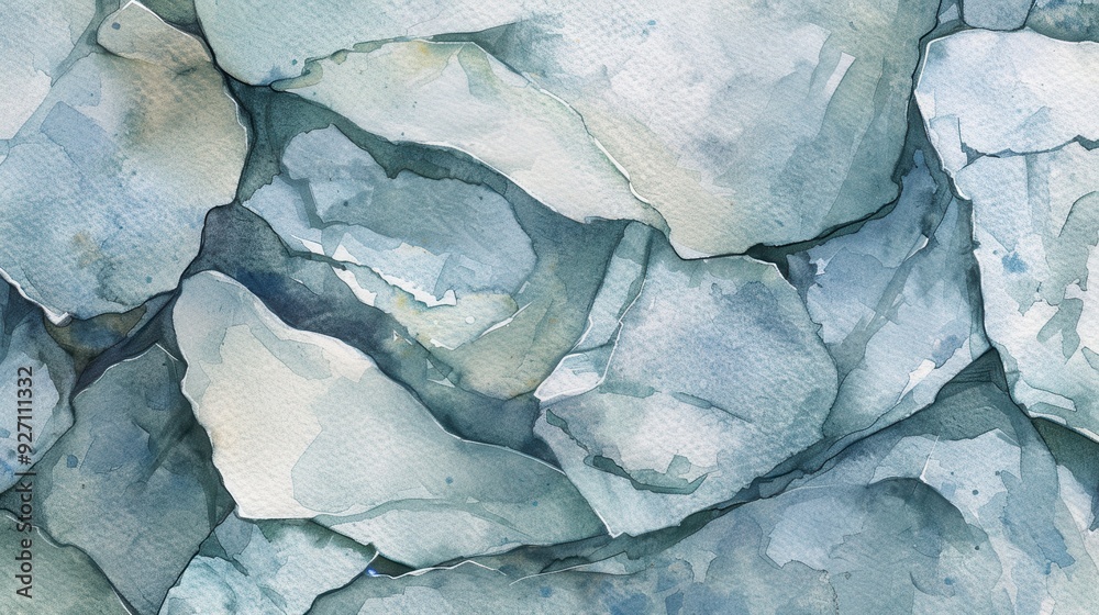 Poster a close-up of an abstract watercolor painting depicting a collection of smooth, blue and grey stones