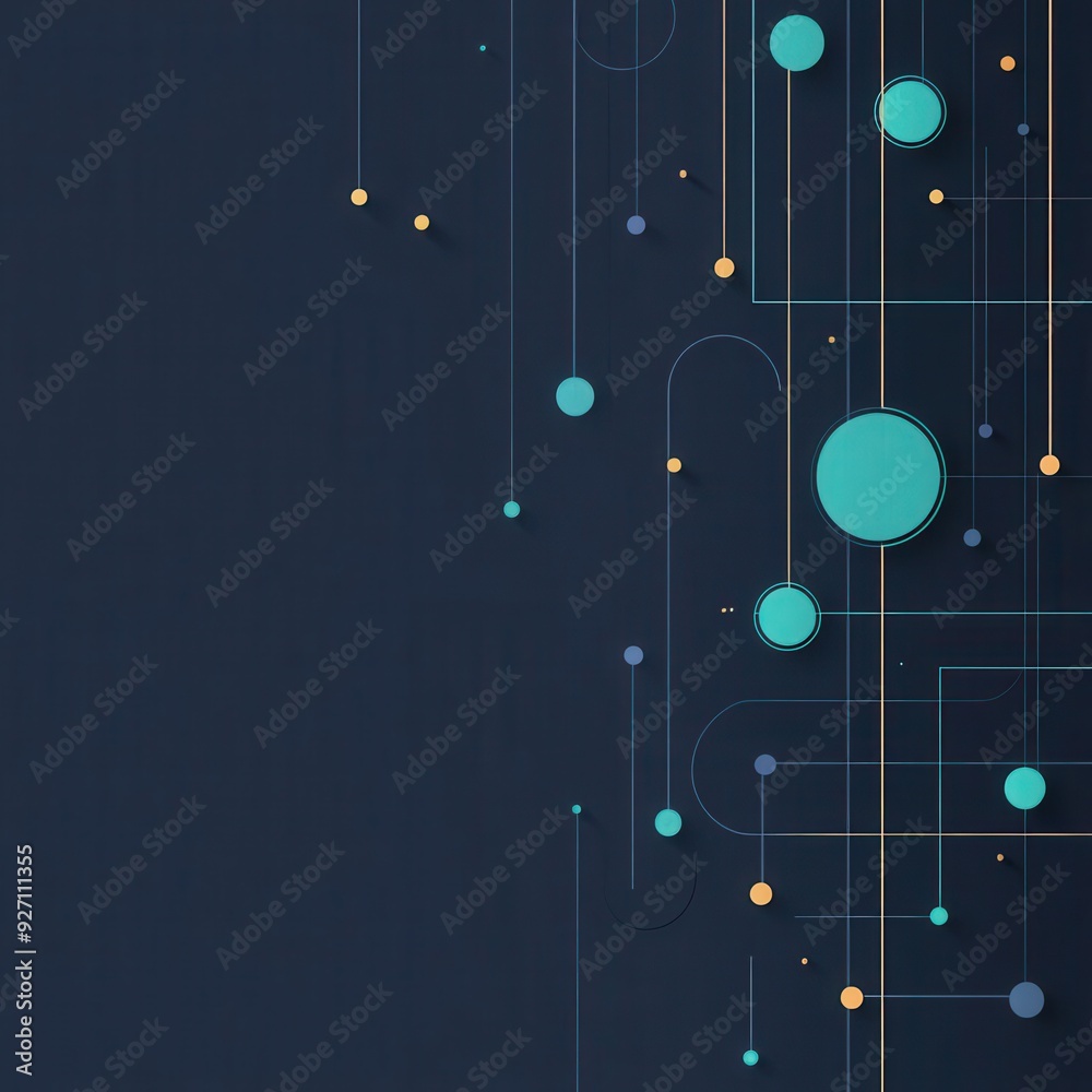 Poster abstract orientation grid with floating indicators and geometric icons, dark background with ample c