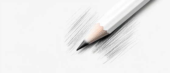 Naklejka premium Concept of the act of drawing or sketching. A close-up of a white pencil with its sharpened tip and light graphite strokes on the paper. Generative AI 