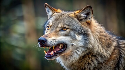 Fototapeta premium Hungry wolf with open mouth and bared teeth preparing to attack, wolf, predator, dangerous, fierce, aggressive, wild, animal