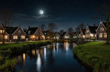 Fototapeta premium A small Dutch village illuminated by the spring moon.