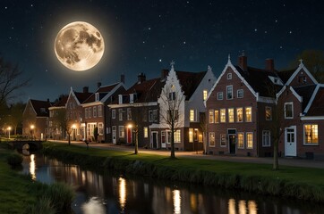 Naklejka premium A small Dutch village illuminated by the spring moon.