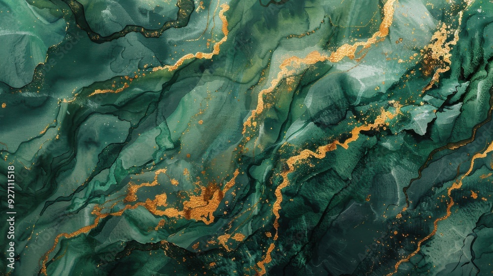 Poster this is a close-up image of a swirling abstract design, created using green and gold paint. the swir