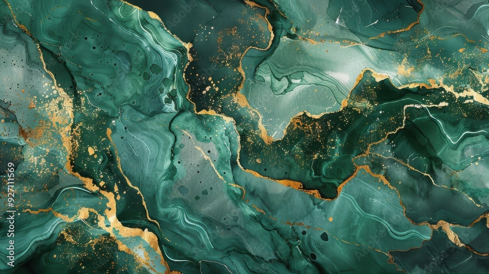 Poster a digital illustration featuring a swirling, abstract pattern of green and gold marble. the gold vei