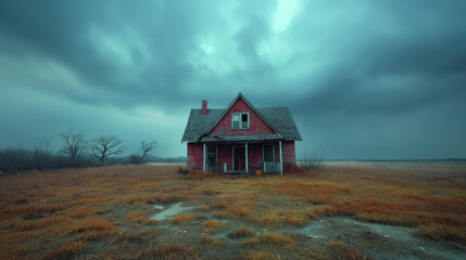 Moody landscape An old abandoned red house in the middle of a barren field under dark, stormy skies