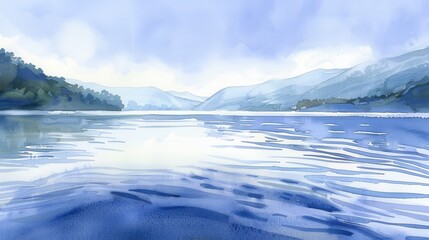 Fototapeta premium The painting depicts a calm lake with a gentle ripple on the water's surface. The lake is surrounded by forested hills in the distance, painted in muted blue hues that blend with the sky. The overall 