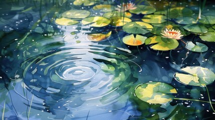 A single ripple spreads outward in a pond, creating concentric circles on the still water. The surface is covered in lily pads, some with delicate white and yellow flowers. The sunlight shines through