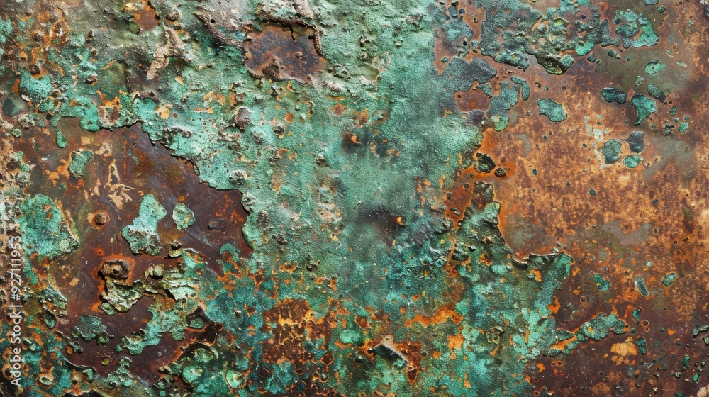 Poster A close-up shot of a metal surface covered in rust and patina, showing an intricate pattern of green, brown, and orange hues. The metal appears to have weathered over time, leaving a textured and unev