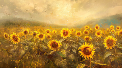 Fototapeta premium a painting of a field of sunflowers. The sunflowers are bright yellow and have brown center