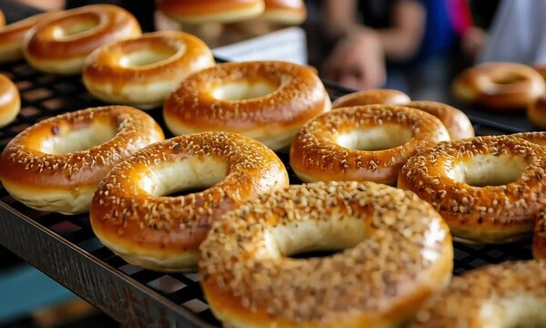 Freshly Baked Sesame Seed Bagels on Cooling Rack with ai generated.
