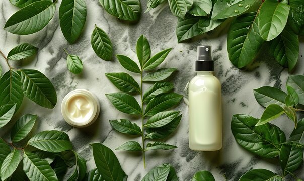 Natural organic cosmetic lotion bottles and hand cream are showcased on a marble background with green leaves, ideal for beauty blog banners.