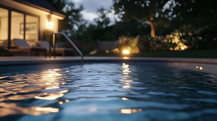 Closeup of a swimming pool at dusk with rippling water reflecting the warm lights of a nearby house.