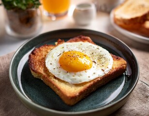 Una tostada con un apetitoso huevo frito encima; desayuno