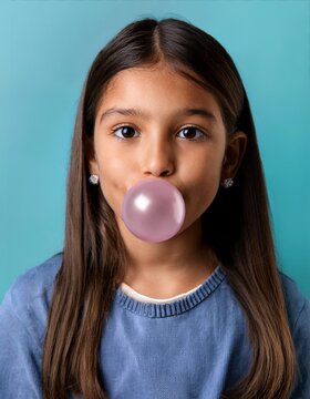 Una chica haciendo una burbuja con goma de mascar; chicle