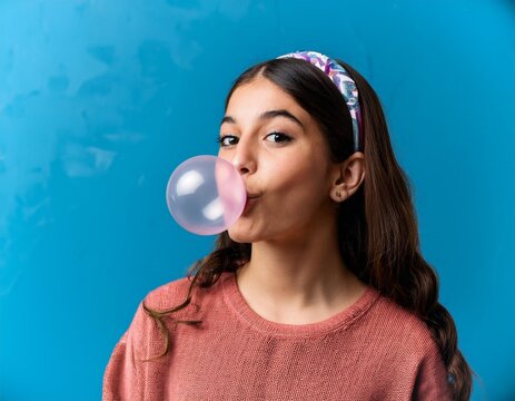 Una chica haciendo una burbuja con goma de mascar; chicle