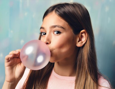 Una chica haciendo una burbuja con goma de mascar; chicle