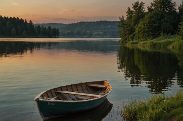 Obraz premium Boat by the lake on a summer evening