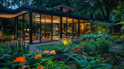 Obraz premium This is a picture of a modern house with a glass wall, surrounded by a garden with flowers and plants.
