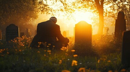 In the glow of sunset, a Jewish man kneels in a cemetery, quietly reciting prayers and reflecting solemnly among the gravestones