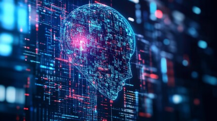 Fototapeta premium Digital human head made of binary code and circuits on a dark blue background with red and blue lights.