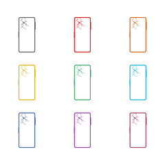 Smartphone with crack on display icon isolated on white background. Set icons colorful