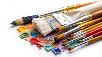 Obraz premium Oil paint tube and brushes on white background, oil paint, tube, brushes, artist, painting, creative