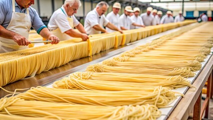 Spaghetti production demonstration at fair, setting a record with longest pasta in the world , pasta, spaghetti, production