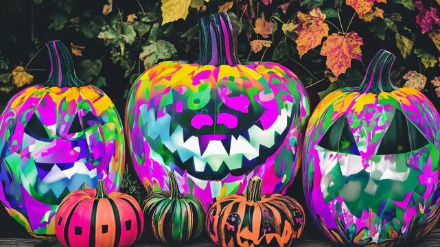 Vibrant neon pumpkins with glowing faces pulse against dark foliage. Intricate patterns and bold colors create a psychedelic Halloween atmosphere. 