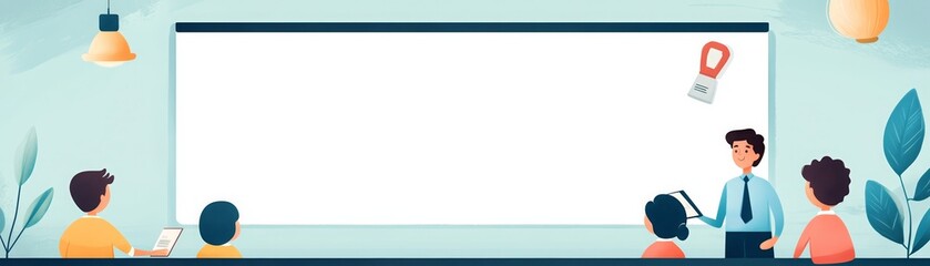 Obraz premium Illustration of a teacher presenting in front of students with a large whiteboard in a modern classroom setting.