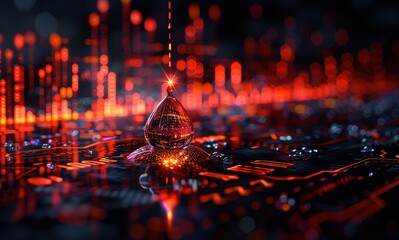 A drop of water is floating on a black background with a red glow