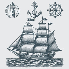 Vintage monochrome nautical elements set © erna