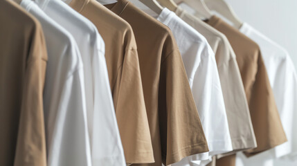 Several light beige and white t-shirts hang on wooden hangers.

