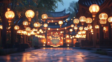 Fototapeta premium The peaceful ambiance of a Buddhist temple is highlighted by softly glowing lanterns illuminating the surrounding garden