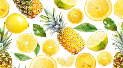 4. Summer fruit mix seamless pattern with pineapples and gradient lemons, arranged on a white background, designed for versatile printing applications