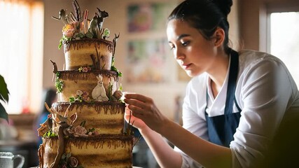 A woman decorating a cake