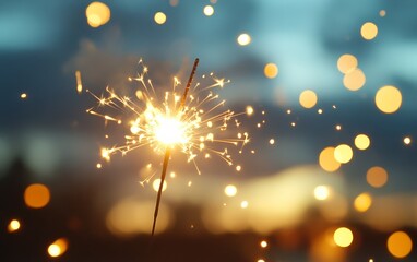 Obraz premium A sparkling firework creates a magical atmosphere with vibrant bokeh lights in the background, perfect for celebrations.