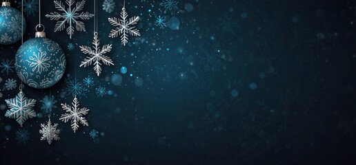 Blue christmas banner with snowflakes. Merry Christmas and Happy New Year greeting banner. Horizontal new year background