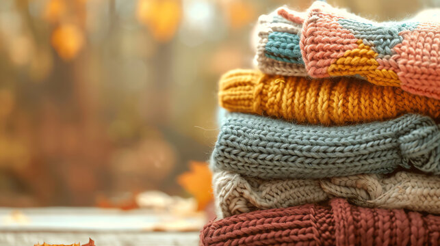 This is a picture of a stack of four knitted sweaters in different colors.

