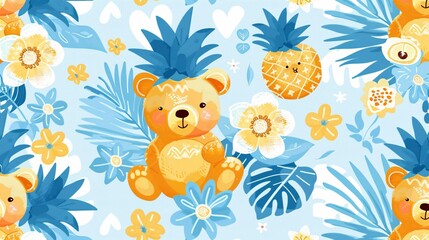 Fototapeta premium 3. Artistic seamless pattern showcasing kawaii bears in pineapple costumes, with delicate flowers and a blue and white backdrop, ideal for a fun and vibrant summer illustration