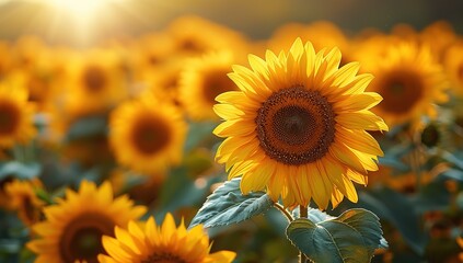 A field of yellow sunflowers with a single yellow flower in the foreground