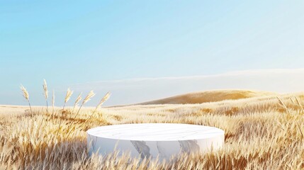 1. An abstract 3D rendering of a natural landscape, featuring a white circular marble podium centered among tall, golden-yellow grass fields, gently swaying in the breeze, an expansive clear blue sky